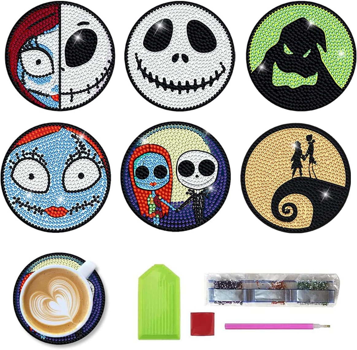 2 PCS Diamond Painting Coasters Kits, DIY Funny Jack Skull Diamond Art Coaster Sets for Beginners Adults and Kids Art Craft Supplies