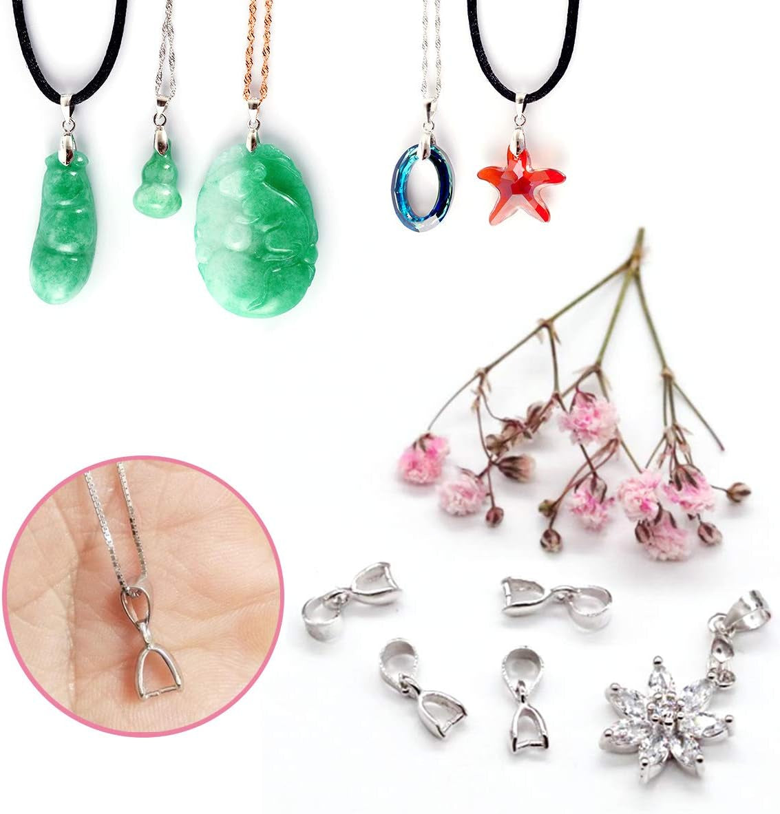 2Pcs 925 Sterling Silver Pendant Bail Connector Pinch Clasp for Necklace DIY Jewelry Craft Making Handmade Beading Fittings Accessories 1.7Cm