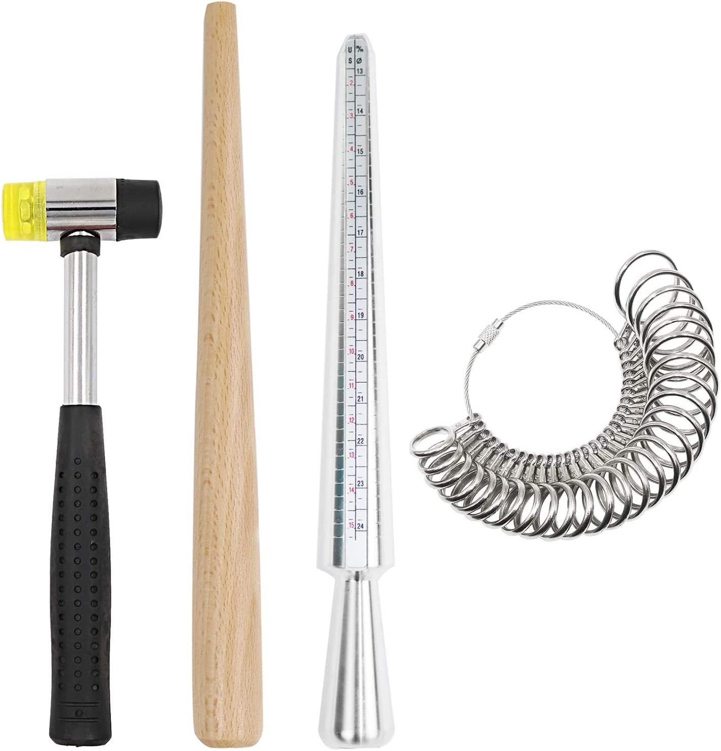 Ring Mandrel Metal Ring Sizer Set with Jewelry Rubber Mallet Hammer Rings Size Measuring Tools Finger Gauge Wood Ring Shaper Tool Jeweler'S Repair Kit