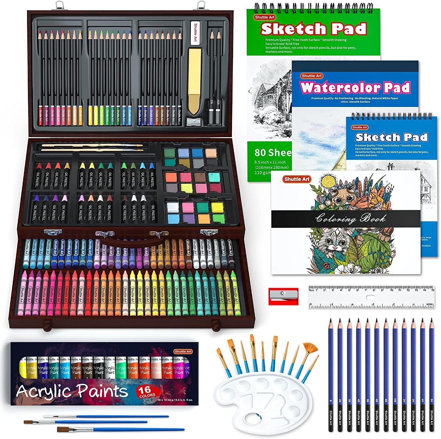 118 Piece Deluxe Art Set, Art Supplies in Wooden Case, Painting Drawing Art Kit with Acrylic Paint Pencils Oil Pastels Watercolor Cakes Coloring Book Watercolor Sketch Pad for Kids Adults