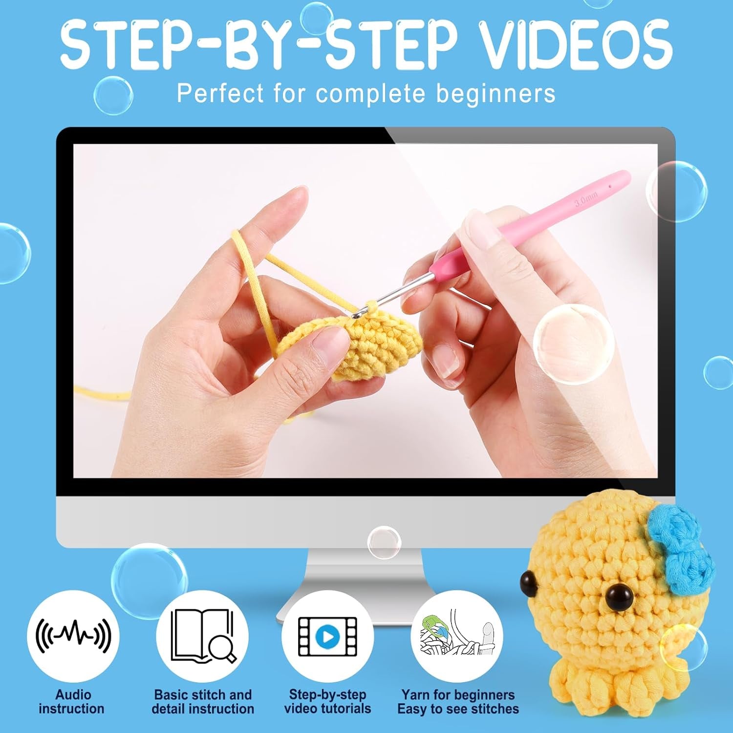 Crochet Kit for Beginners, Beginner Crochet Kit for Adults & Kids with Step-By-Step Video Tutorials, Knitting Kit, 4 Pattern Crochet Animal Kit - Whale, Jellyfish, Sea Horse and Octopus