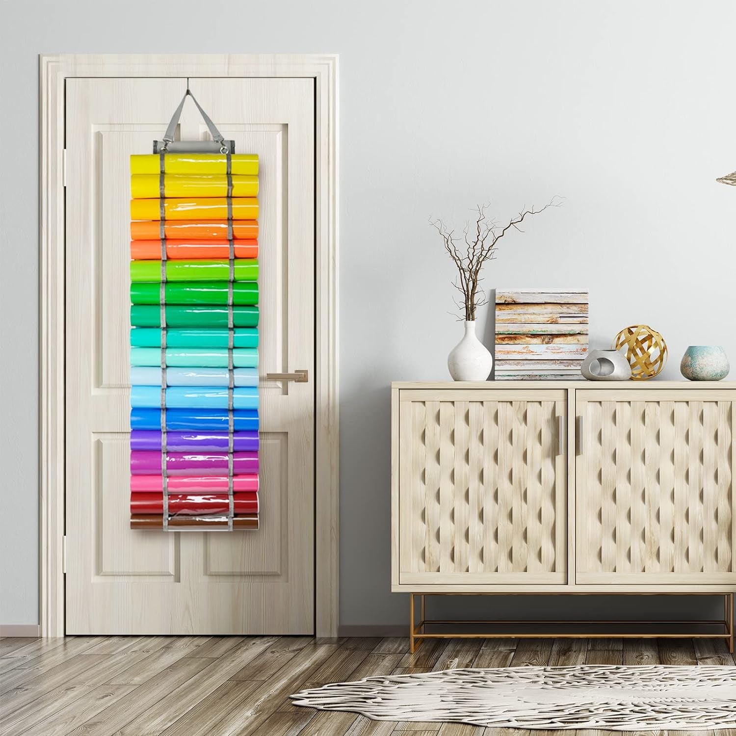 Vinyl Roll Holder - 36 Compartments Vinyl Storage Organizer with 7 Mesh Pockets Storage, Wall Mount/Over the Door Vinyl Roll Storage, with 2 Hooks and 2 Hanging Straps (Grey)