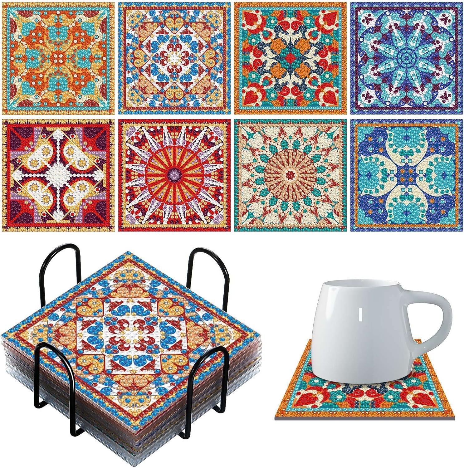8 Pcs Diamond Coasters Diamond Painting Coasters DIY Mandala Coasters with Holder Square Boho Paisley Diamond Art Coasters 5D Diamond Painting Kits for Beginners Adults Kids Craft
