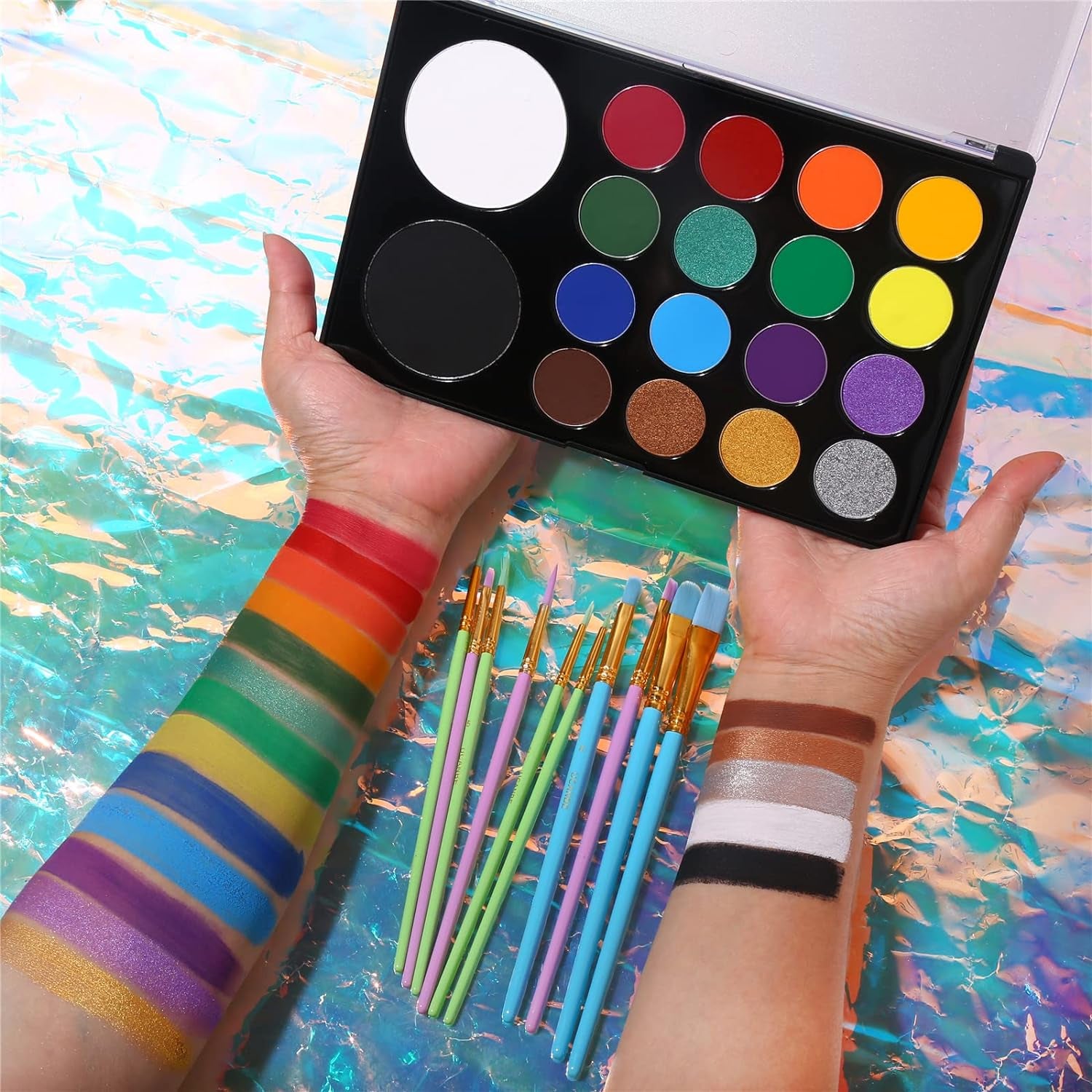 Face Paint Kit + 10Pcs Paint Brush Water Activated Body Paint SFX Makeup Palette for Cosplay Halloween Black White Face Painting Kits for Adults Matte Neon Special Effects Makeup Kit