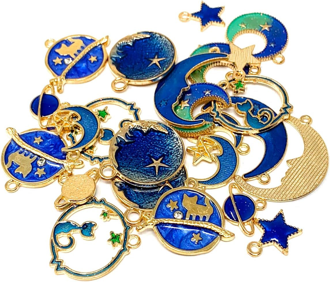 Assorted Gold Plated Enamel Cat Moon Star Celestial Charm Pendant DIY for Earrings Necklace Bracelet Jewelry Making and Crafting