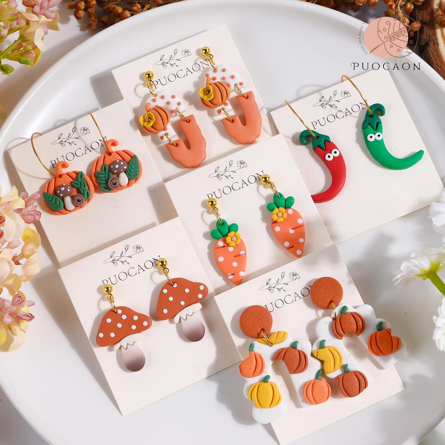 Pumpkin Polymer Clay Cutters - 8 Shapes Clay Cutters for Earrings, Cute Mushroom Shape Clay Cutters for Polymer Clay Jewelry Making, 3D Print Carrot Pepper Clay Earrings Cutters Set