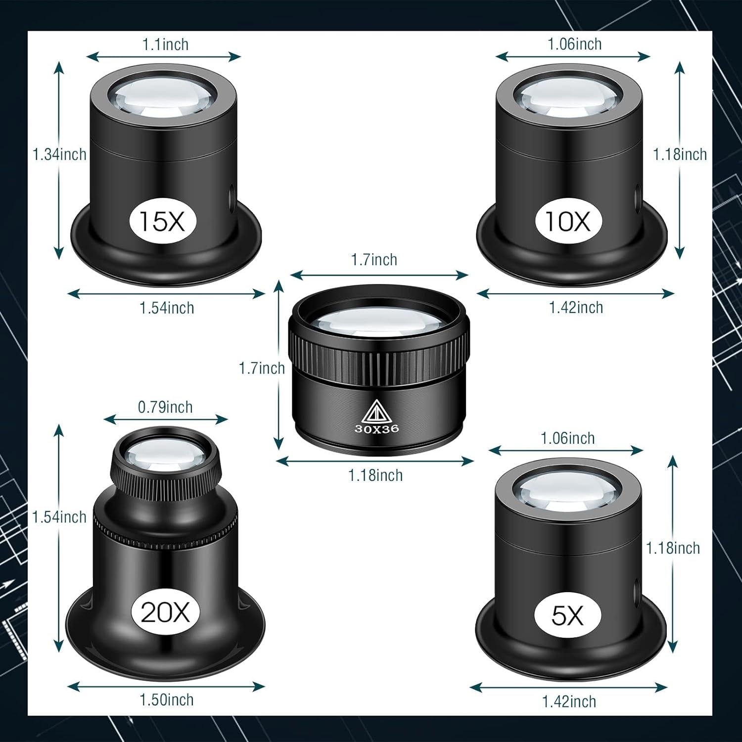 5 Pcs Jewelers Loupe Portable Monocular Magnifier Magnifying Glass Eye Loops Magnifier with 30 X 36 Mm Lens Watch Jewelry Experimental Repair Tool for Textile Optical Circuit Coins (5X 10X 15X 20X)