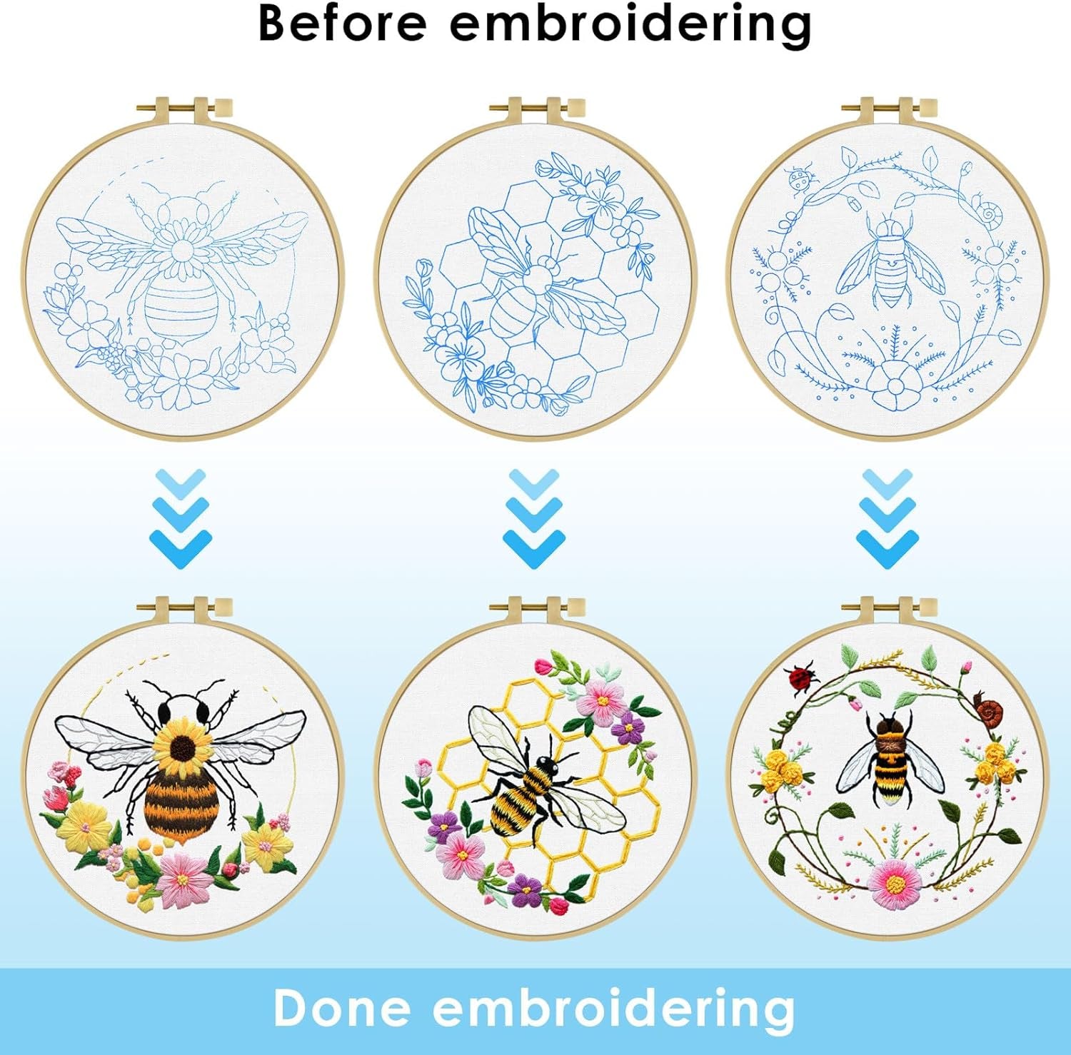 5 Sets Embroidery Kit for Beginners, Art Craft Handy Sewing Set Bees and Flowers Patterns Cross Stitch Starter Kits, DIY Embroidery Kits with Patterns and Instructions Hoops Needles Threads