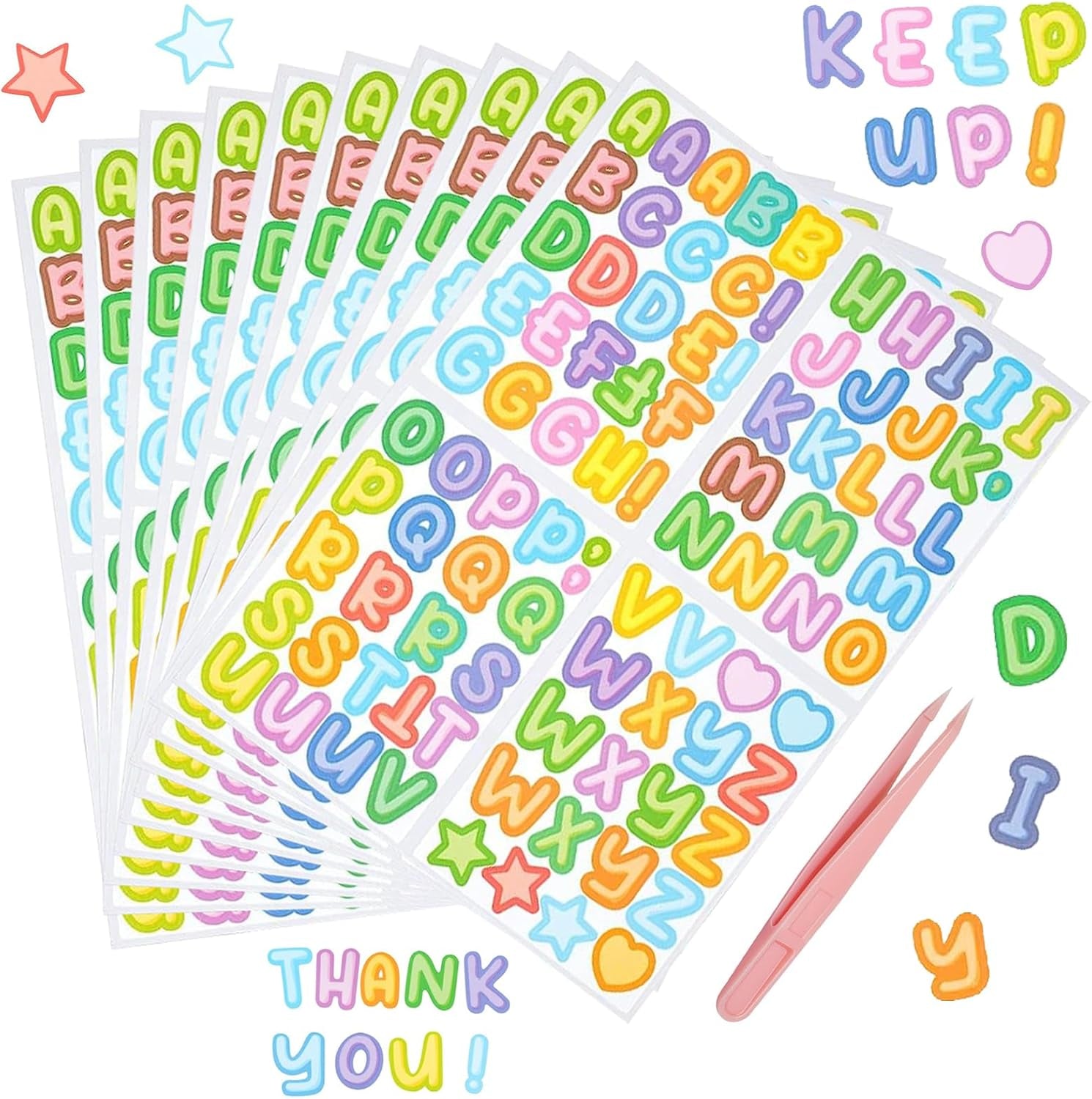 10 Sheets Colorful Letter Stickers for Kids 890 Alphabet Stickers Waterproof Water Bottle Vinyl Letter Sticker Scrapbook ABC Stickers for DIY Crafts, Card Wrapping, Handmade Labels, Name Stickers