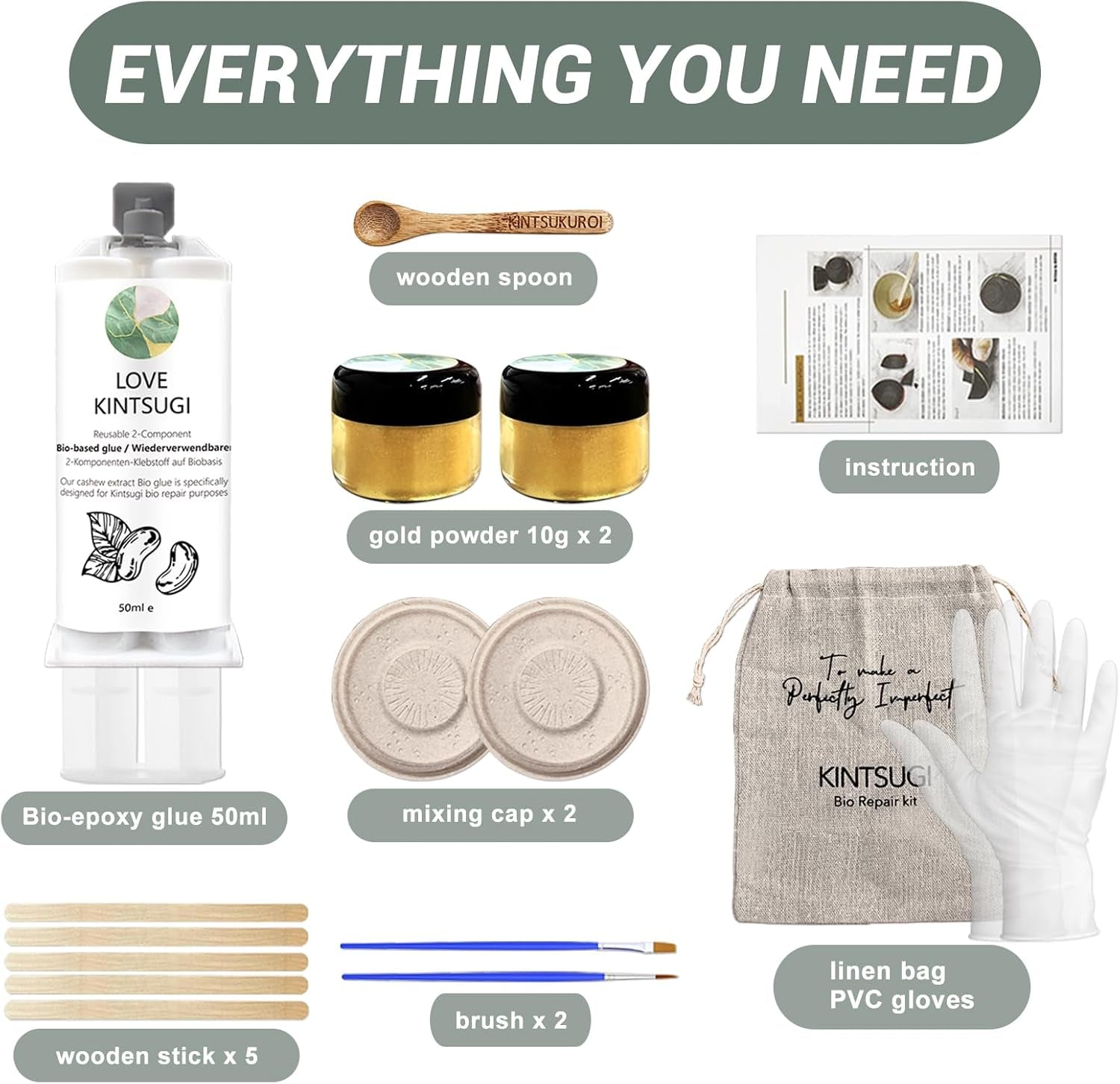 Bio Kintsugi Repair Kit Gold, Kintsugi Food Safety, Repair Your Meaningful Pottery with Bio Kintsugi Glue, Food Dishwasher Safety, Perfect for Beginners, Bring Japanese Art to Your Home
