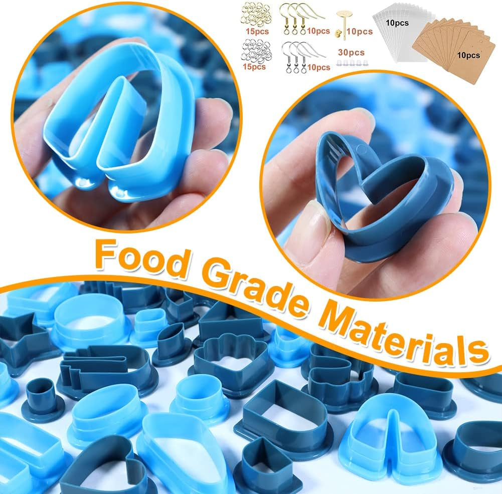 Polymer Clay Cutters for Earring Making - 160Pcs Clay Tools Set with Earrings Accessories, 42+8Pcs Different Shape Plastic Clay Molds Clay Cutters for Polymer Clay Jewelry (Style B-Blue)