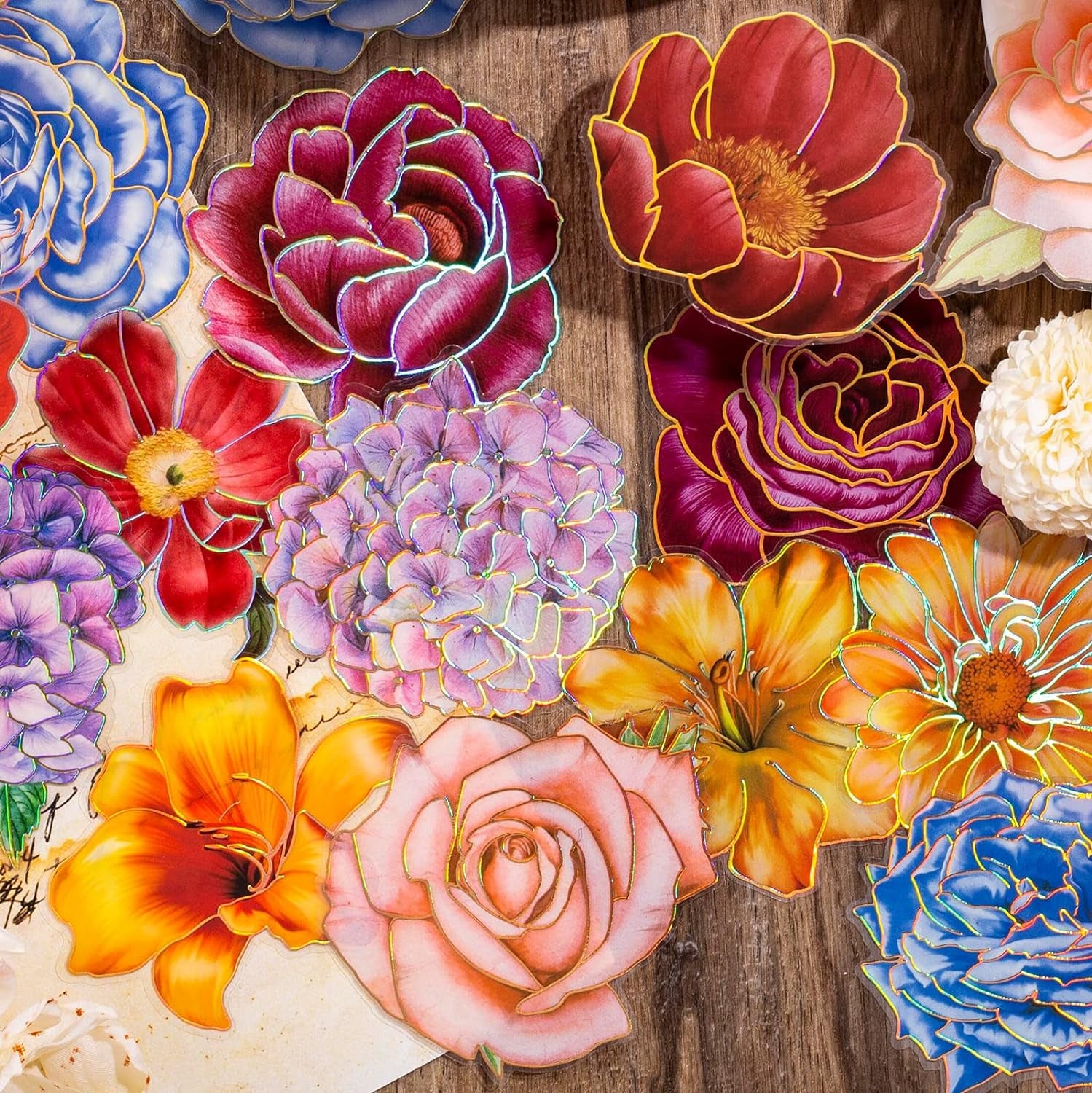 80 Pieces Large Size Flower Stickers with Gold Holographic Outlines, Glitter Shiny Floral Waterproof Decorative Decals for Scrapbooking Supplies Junk Journal Bullet Journals Planners