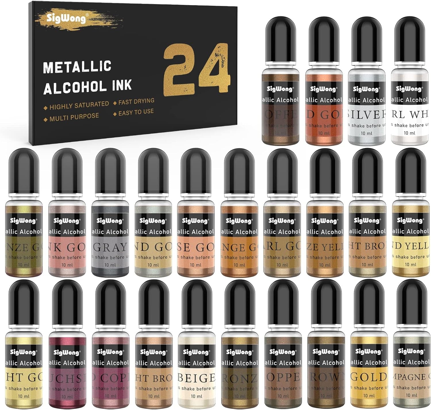 Metallic Alcohol Ink Set - 24 Metal Color Alcohol-Based Ink, Shimmer Mixatives Epoxy Resin Paint Colour Dye Great for Resin Petri Dish, Yupo, Coaster, Painting, Tumbler Cup Making(10Ml Each)
