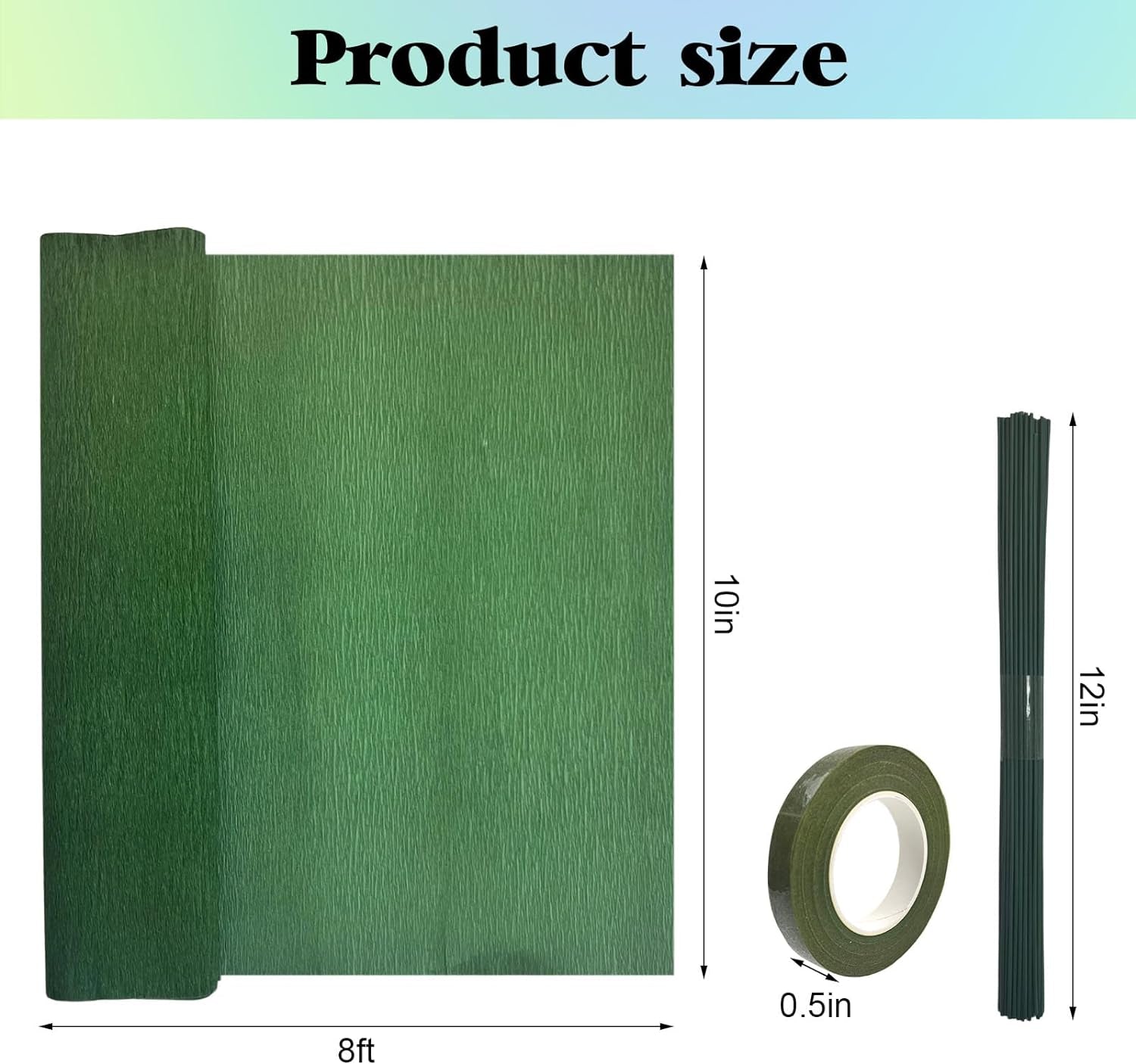 65Pcs Crepe Paper Flower DIY Kits, 14 Rolls Rainbow Colors Crepe Paper Rolls 8Ft Long 10 Inch Wide, 50 Pcs Green Floral Iron Wire and 1 Roll Green Tape for Birthday Party Wedding Festival Ornament