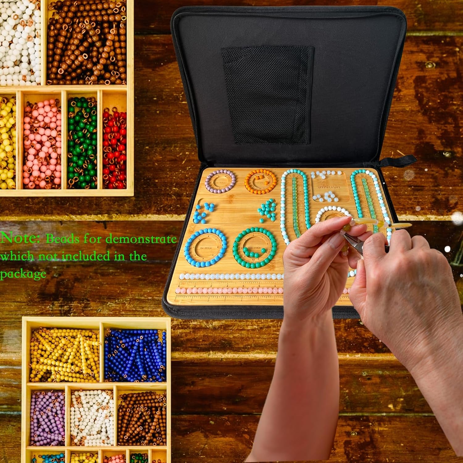 Combi Bamboo Beading Board with Zipper Storage Case, Imperial Measurements Marked Wood Bead Design Board for Bracelet, Necklace, Bead Mat for Jewelry Making Tray, 15.35 * 11.42 * 0.39"