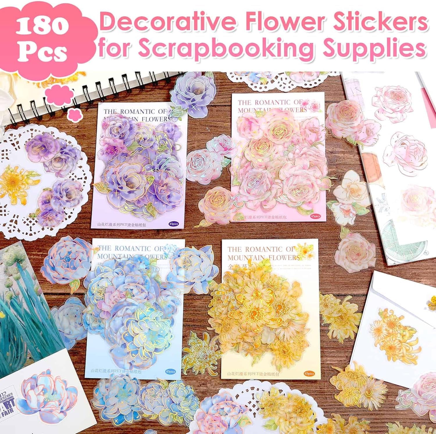 180Pcs Large Flower Stickers with Gold Foil Holographic Outlines, Waterproof Floral Stickers Vinyl Decorative Decals for Scrapbooking Supplies Junk Bullet Journals Envelopes Resin Crafts