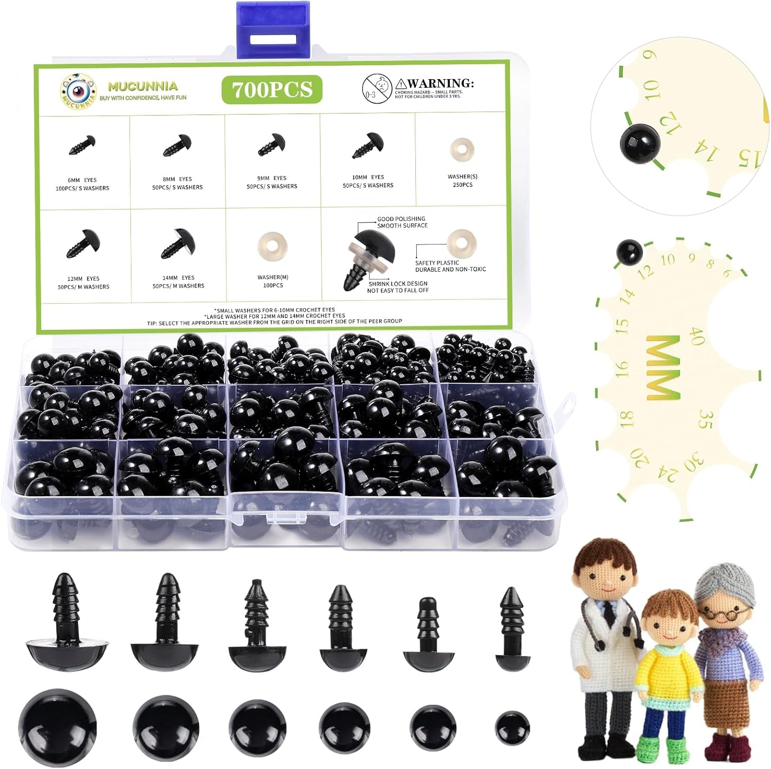 700 Pcs Black Plastic Crochet Safety Eyes with Washers for 6-14Mm Stuffed Animals and Amigurumi DIY Halloween Decorations