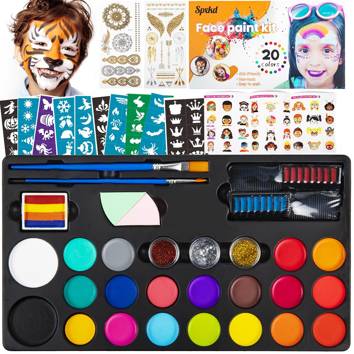 Face Painting Kit for Kids 20 Water Based Non-Toxic Sensitive Skin Paints 100 Stencils 3 Glitters 2 Hair Chalks Combs 2 Tattoos Sheets Face Painting Book Safe Professional Face Paint Kit for Kids