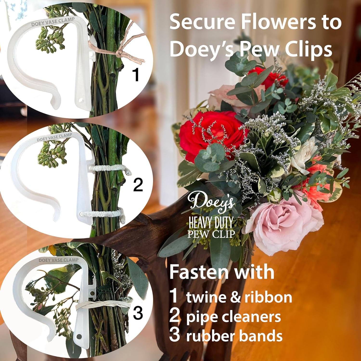 Church Pew Clips and Bow Holders - Wedding Decorations Made in USA Heavy Duty Plastic Hooks Attach Pew Bows, Flowers, Signs, Tulle to Aisle Chairs, Pew Ends, Tables, Railings (Pack of 12)