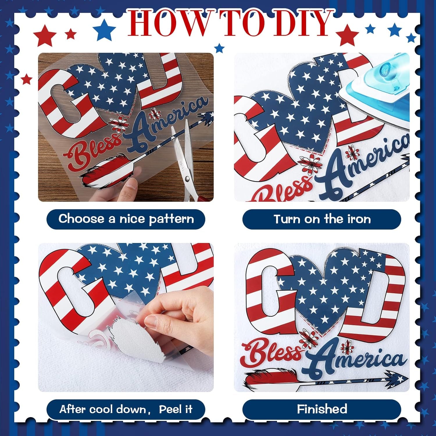 36 Pcs Patriotic Iron on Transfers 4Th of July Iron on Decals Patches Independent Day Western Heat Transfers Vinyl Decals for Clothes Bag Covers DIY Decorations