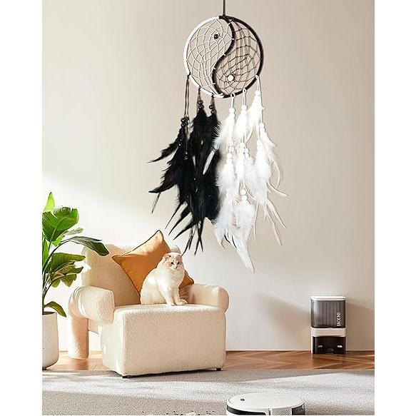 Handmade Tai-Chi Dream Catcher Black with Feathers and Beads - Approximately 50cm, Hangable Decor for Home &amp; Car, Unique Craftsmanship &amp; Symbolism - Ornaments, Hanging Circle Gift Decoration Traditional