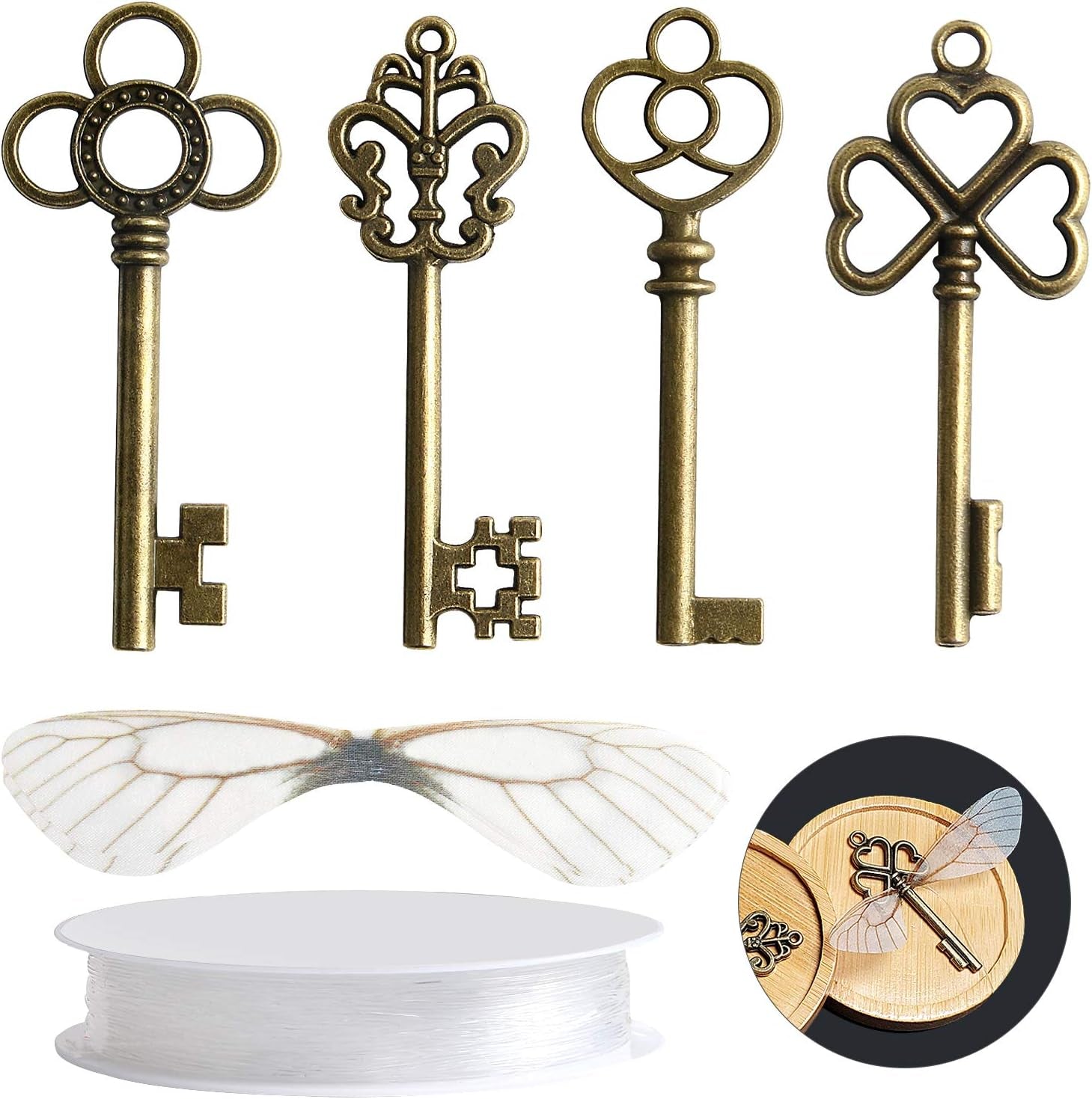 30 PCS Vintage Skeleton Keys Flying Keys with 30 Pairs Dragonfly Wings and 30 Yards Elastic String for Party Decorations