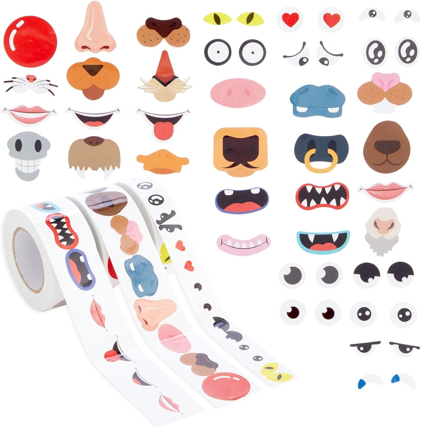 1500 Pack of Face Stickers for Kids, Silly Eyes, Nose, and Mouth for Crafts (3 Rolls)