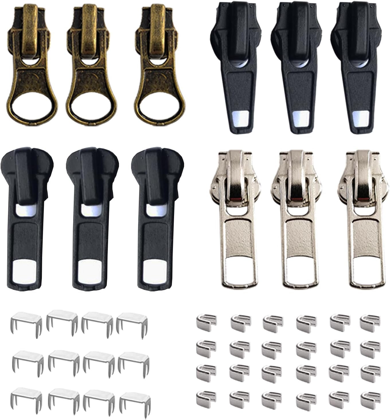 Zipper Repair Kit #5 Sliders with Pull 12 Pcs, Zipper Stops, Replacement Zipper Head Bottom Stop and Top Stop, Fix Zipper on for Repairing Coats,Jackets, Metal Plastic and Nylon Coil Zippers.