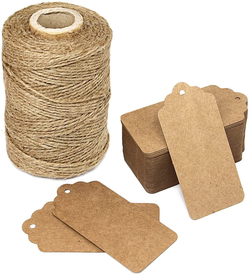 300 Feet Natural Jute Twine and 100PCS Brown Rectangle Kraft Paper Gift Tags for Crafts & Price Tags Labels by