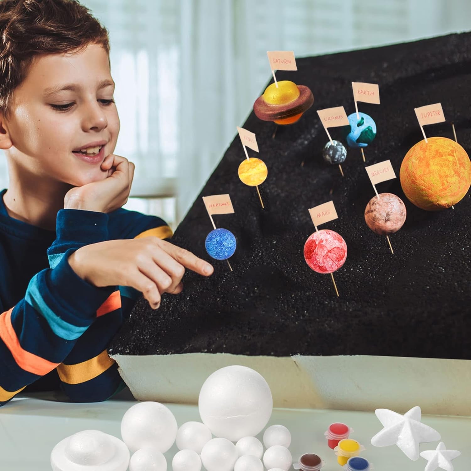 63PCS Solar System Foam Ball Kit Includes Color Pigments, Palette, Mixed Sized Polystyrene Spheres Balls, Toothpick Flag, Painting Brushes, Bamboo Sticks for School Science Projects