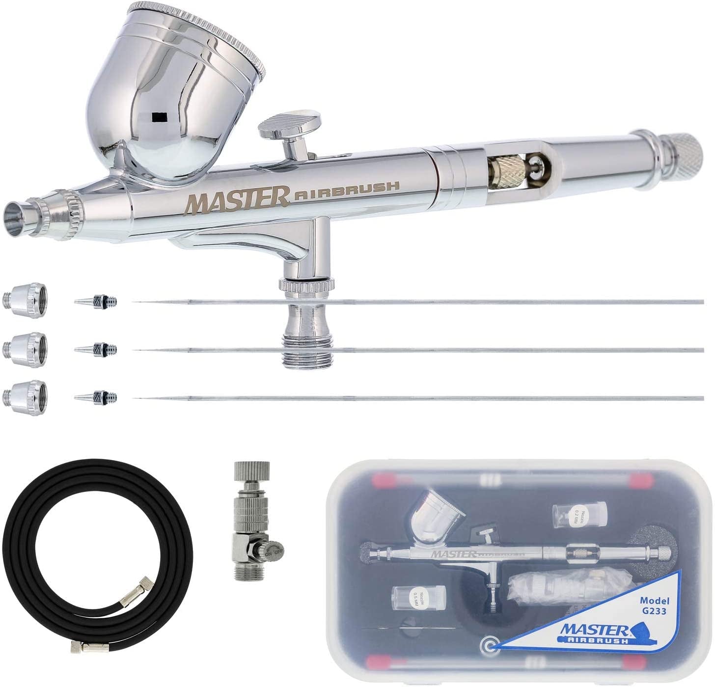 G233 Pro Set with 3 Nozzle Sets - Dual-Action Gravity Feed Airbrush with Cutaway Handle and How-To Guide