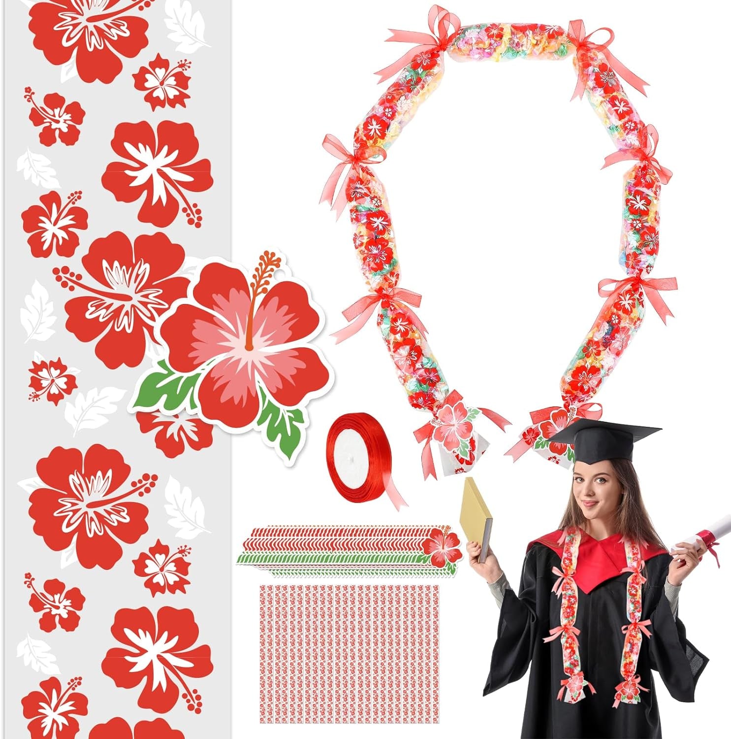24 Set Graduation Candy Lei Making Kit Hawaiian Lei Bags Congrats Grad Ribbons Candy Tubing Dessert Filler for Party Graduate Gifts