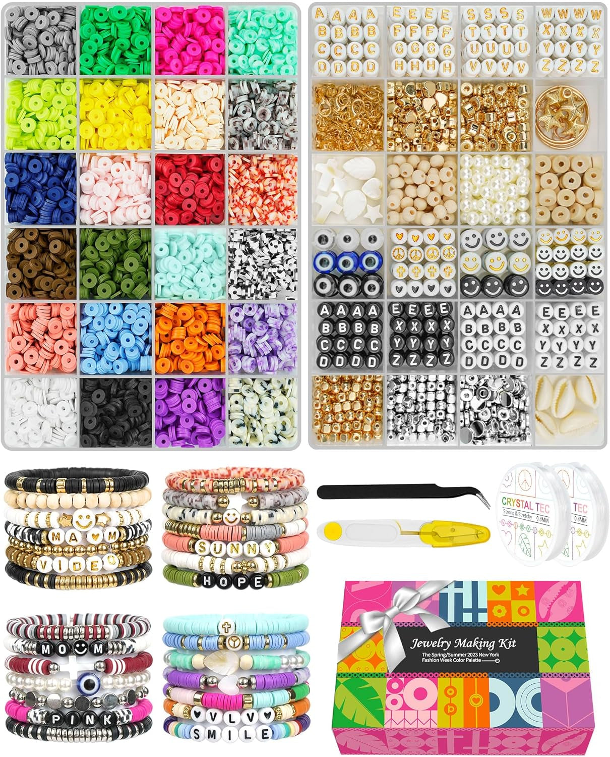 7500 Pcs Clay Beads Bracelet Making Kit, 2 Boxes 24 Colors Polymer Heishi Beads for Jewerly Making, Alphabet Letter Spacer Smile Face Evil Eyes Beads, Craft Gift for Kids Teens Adults