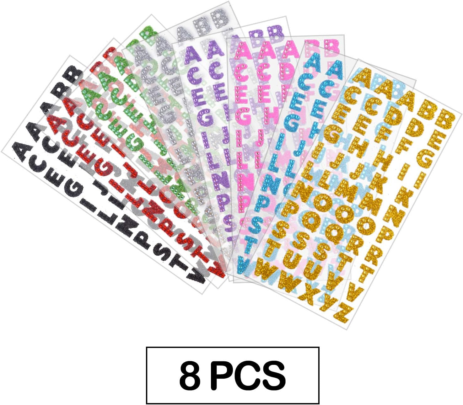 Self Adhesive Glitter Alphabet Stickers, 8 Sheets Glitter Crystal Rhinestones Alphabet Letter Stickers a to Z Letter for Grad Cap and Handicraft Art - 8 Colors