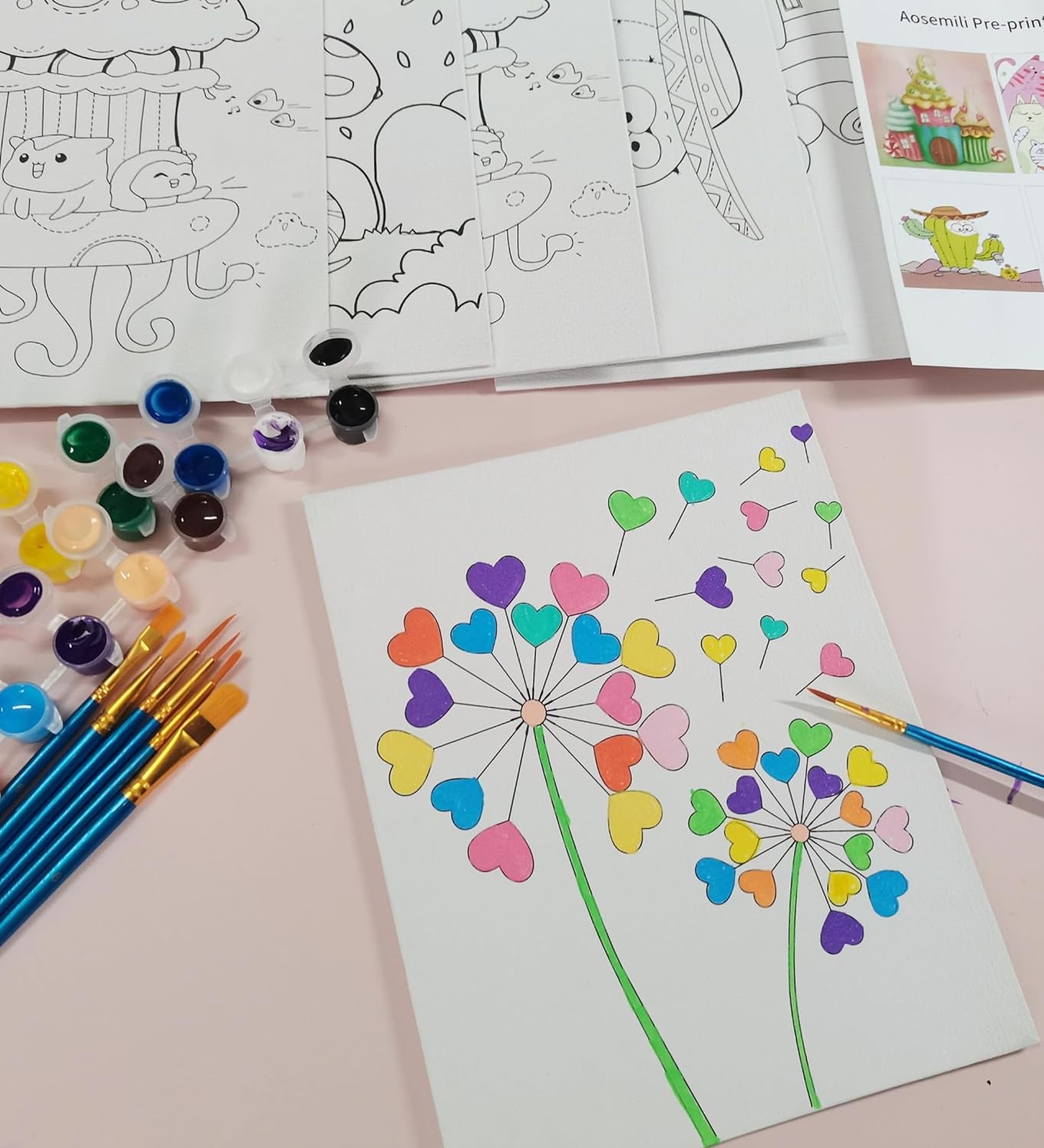 Kids Predrawn Canvas for Painting - 6 Packs 8X10 in Painting Canvas Panels Acrylic Paint Set with 12 Paints 10 Brushes for Girls Boys and Beginners