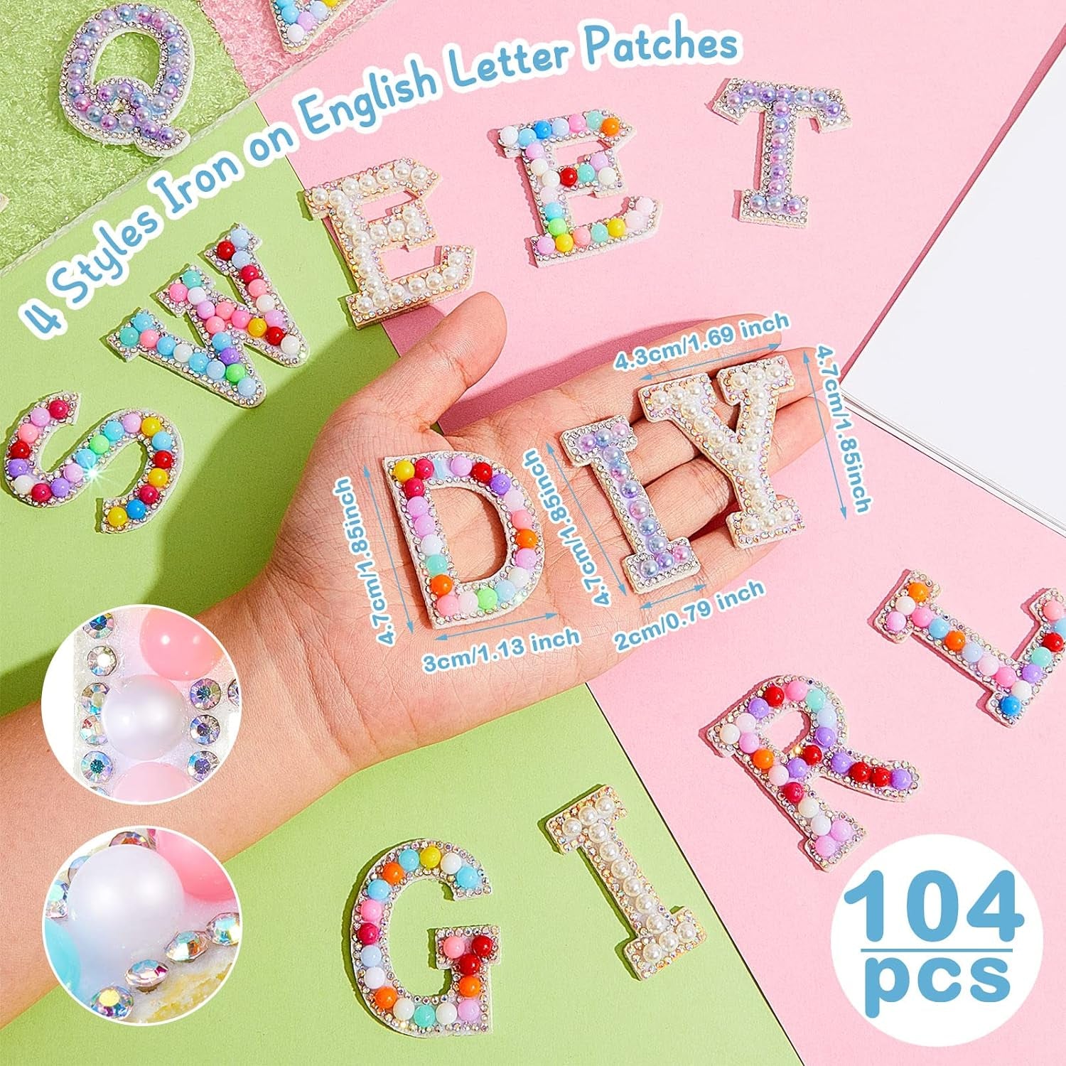 104 Pcs Pearls Rhinestone English Patches A-Z Glitter Pearl Sew on Patches Iron on Letters for Clothing Alphabet Applique Pearl Beaded Letter Patches for DIY Crafts Clothes, 4 Styles