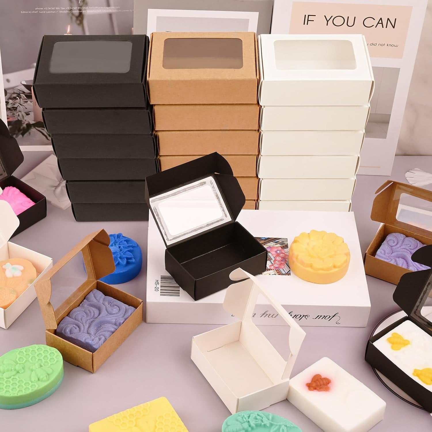 30 Pcs Soap Boxes for Homemade Soap,3.54 X 2.36 X 1.2 Inch Soap Boxes with Window,3 Colors Kraft Soap Packaging Boxes Supplies