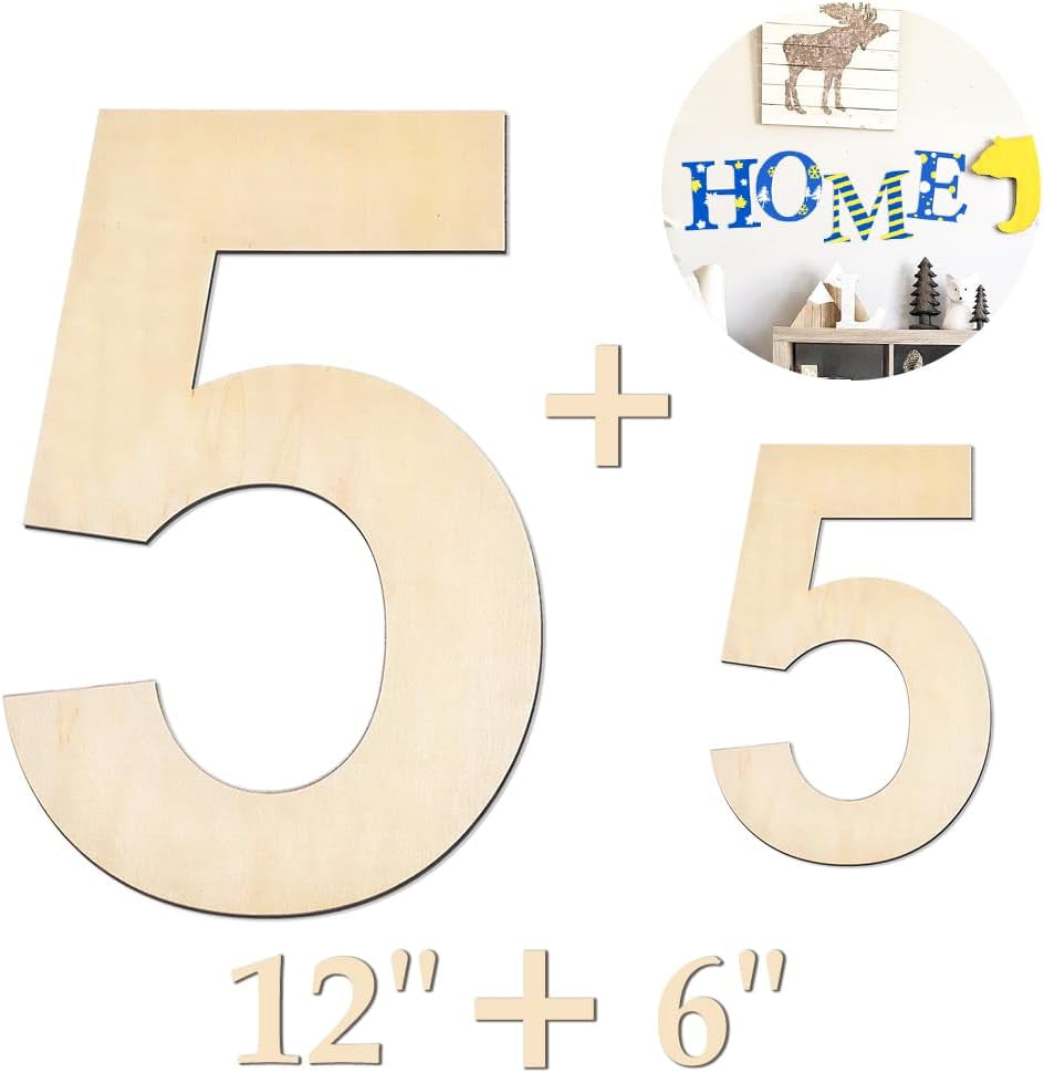 Large Wooden Number 5, Unfinished Wood Crafts Wood Numbers Letters for DIY Craft Projects, Birthday, Party, Wedding Decorations, Big Wooden Numbers 12 Inch and Small Wooden Numbers 6 Inch (2Pcs/Set)