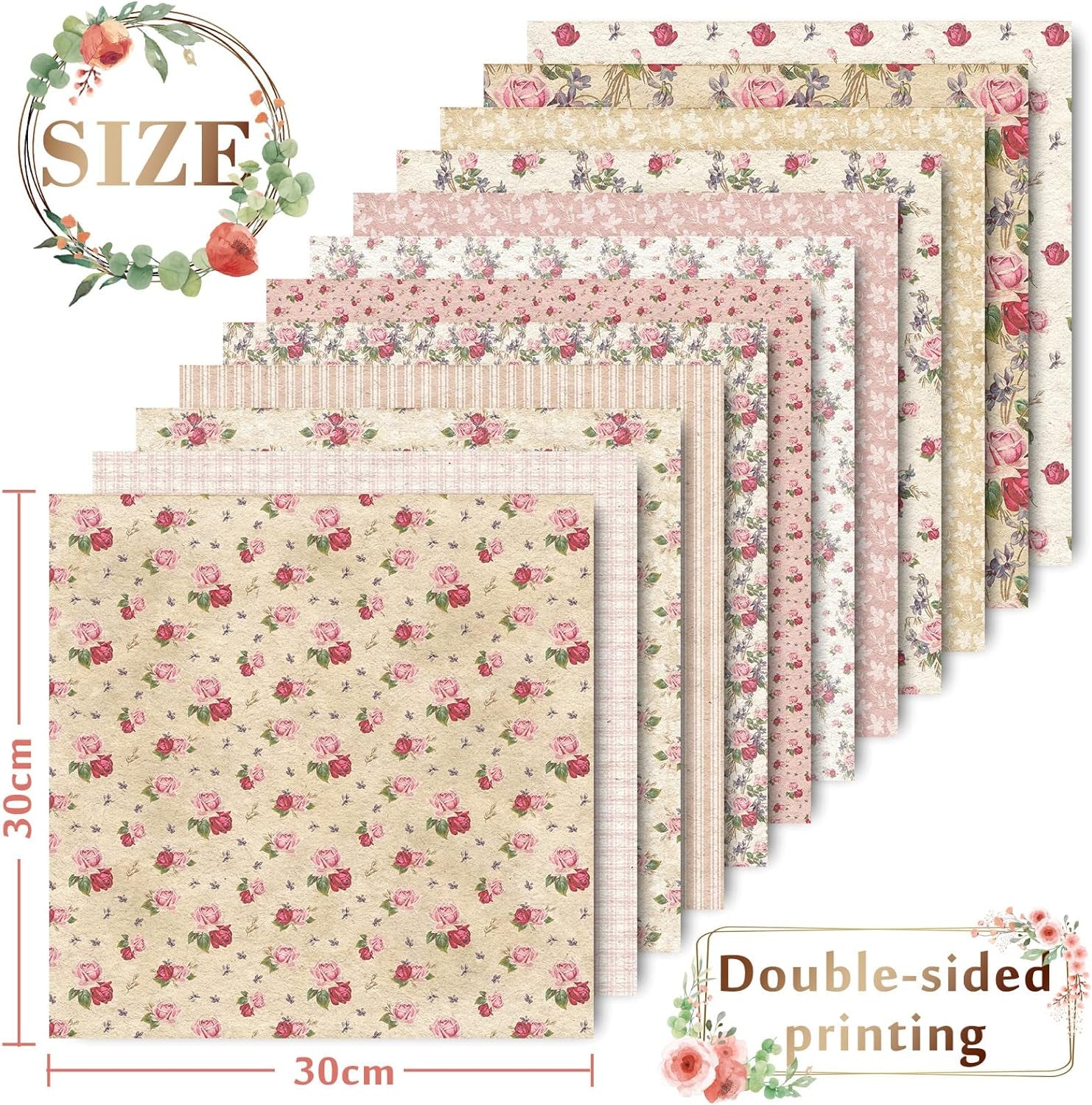 12 Designs Spring Pattern Paper 24 Sheet Rose Floral Scrapbook Paper Pink Double-Sided Collection Decorative Craft Paper Folded Flat for Card Making Scrapbook Photo Album Decor, 30 X 30Cm