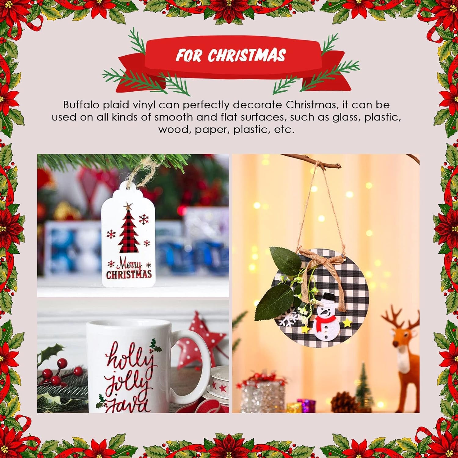 Buffalo Plaid Permanent Adhesive Vinyl-6 Sheets 12"X12" Buffalo Plaid Vinyl &amp; 2 Sheets Transfer Tape, Permanent Vinyl for Cricut Machine, Pattern Vinyl for Christmas