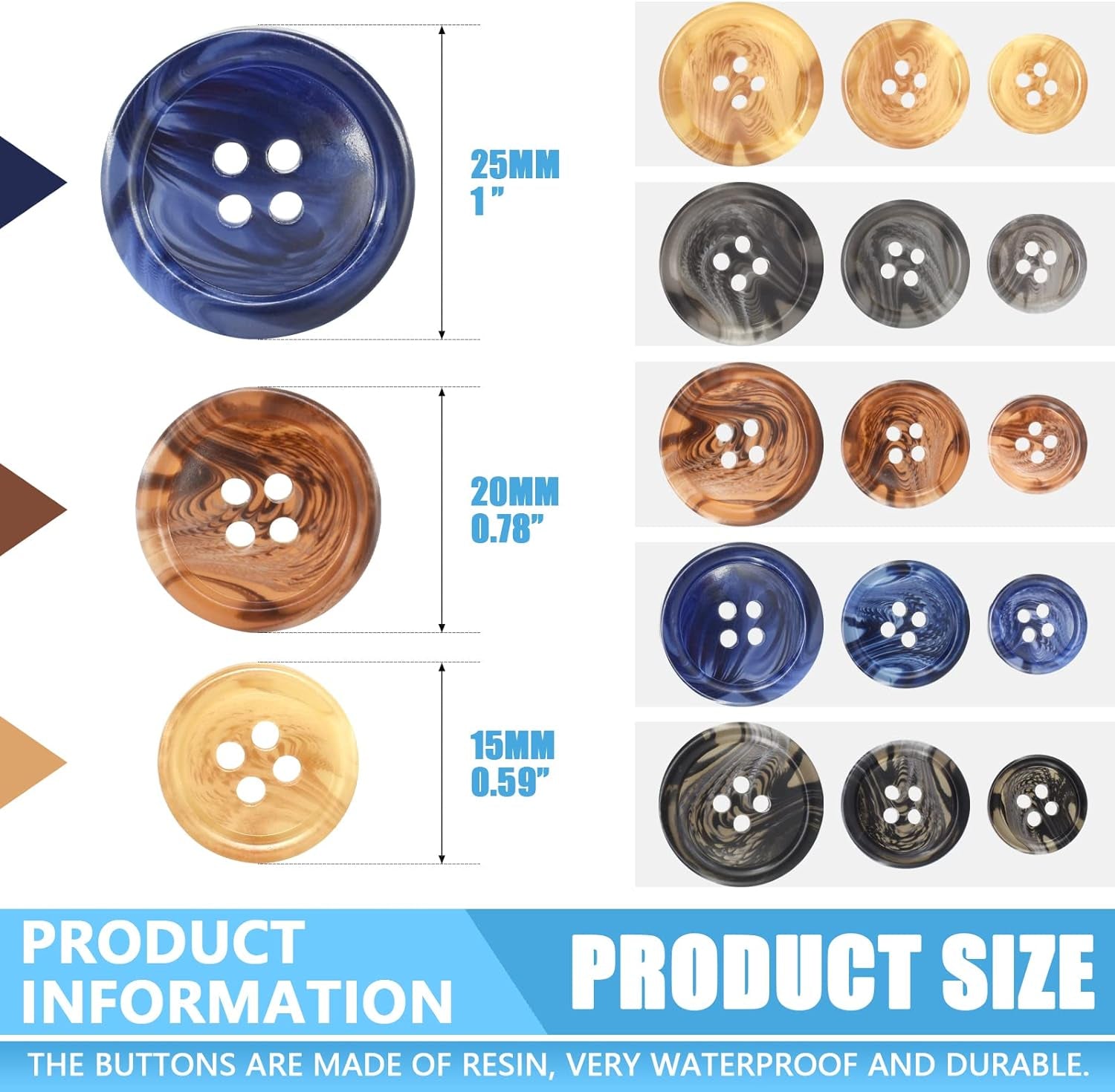 90Pcs Faux Buffalo Horn Suit Coats Buttons 5 Color 3 Sizes 15Mm, 20Mm, 25Mm Buttons Set for Suits, Sport Coat, Uniform, Jackets Sleeves and Pants (Royal Blue, Beige, Gray, Black, Coffee)