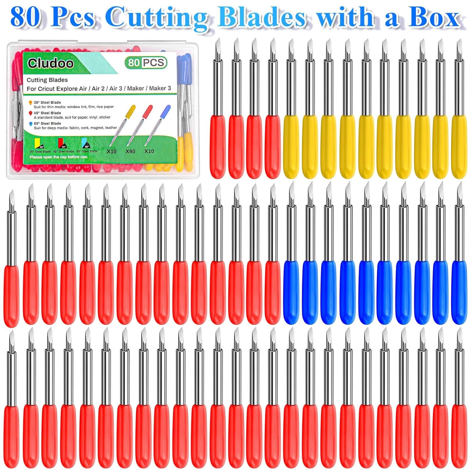 80PCS Replacement Blades for Cricut Blades for Explore Air 2/Air 3/Maker/Maker 3/Expression, 60PCS 45° Standard Blades, 10 PCS 30° Fine Point Blades and 10 PCS 60° Deep Cut Blades