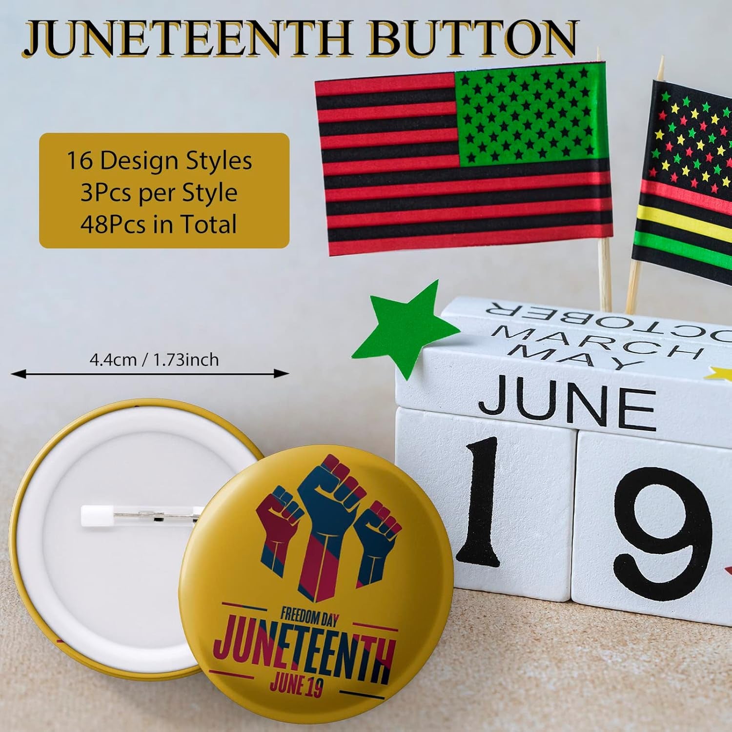 48Pcs Juneteenth Buttons, 4.4Cm (1.73 Inch), Happy Juneteenth Badges Pins Bulk, Freedom Day June 19Th 1865 Party Favors Supplies Bag Stuffers Fillers, Black African American Juneteenth Gifts