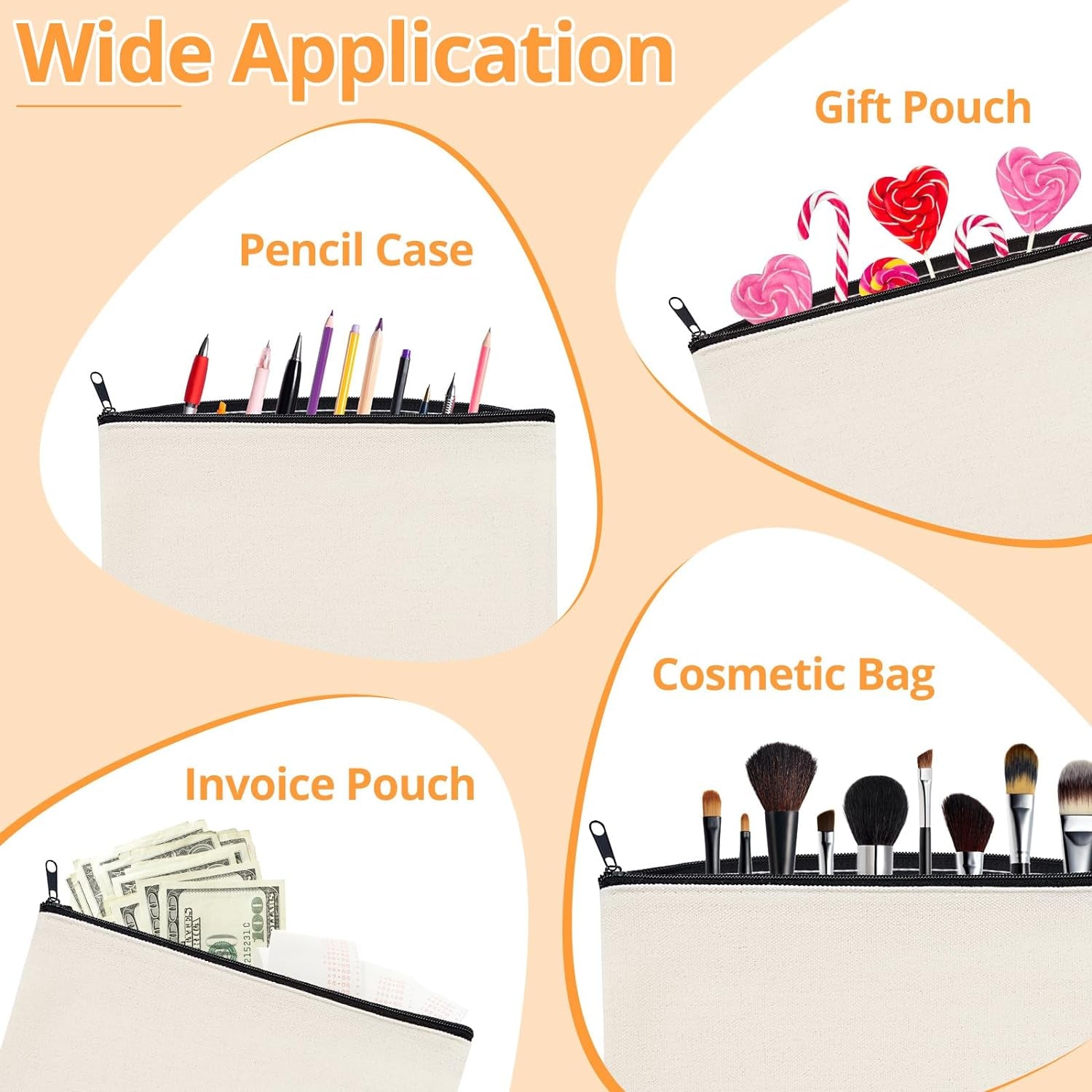 Blank Canvas Makeup Bags 10 Pack, Sublimation Blanks Cosmetic Bags, DIY Heat Transfer Canvas Pen Case Pencil Bags, Beige Multi-Purpose Travel Toiletry Zipper Bags (10Pcs 8.3 × 5 Inch)