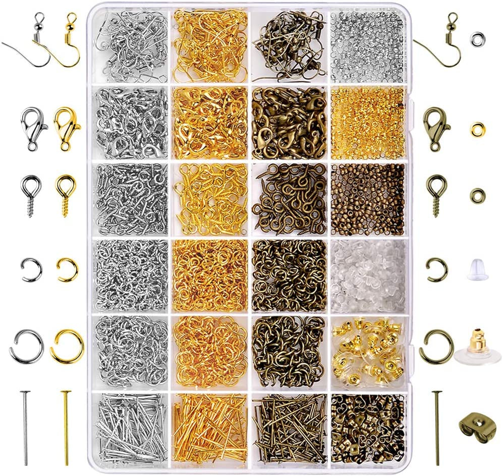 2880 Pcs Jewelry Making Findings Supplies Kit with Open Jump Rings, Lobster Clasps, Crimp Beads, Screw Eye Pins, Head Pins, Earing Hooks and Earing Backs