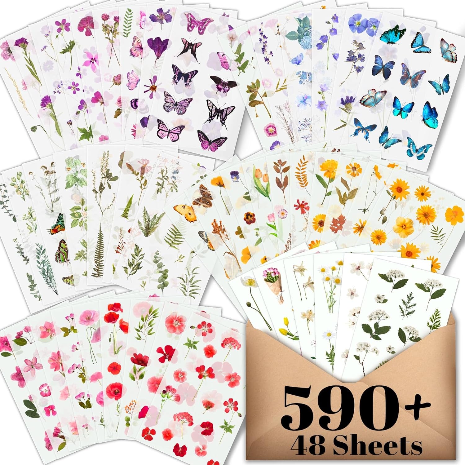 Flower Stickers for Scrapbooking(590 Pieces, 48 Sheets),Decorative Floral Stickers, Small Flower Stickers for Adults, Pressed Flower Stickers Pack, Colorful Wildflower Stickers for Scrapbooking