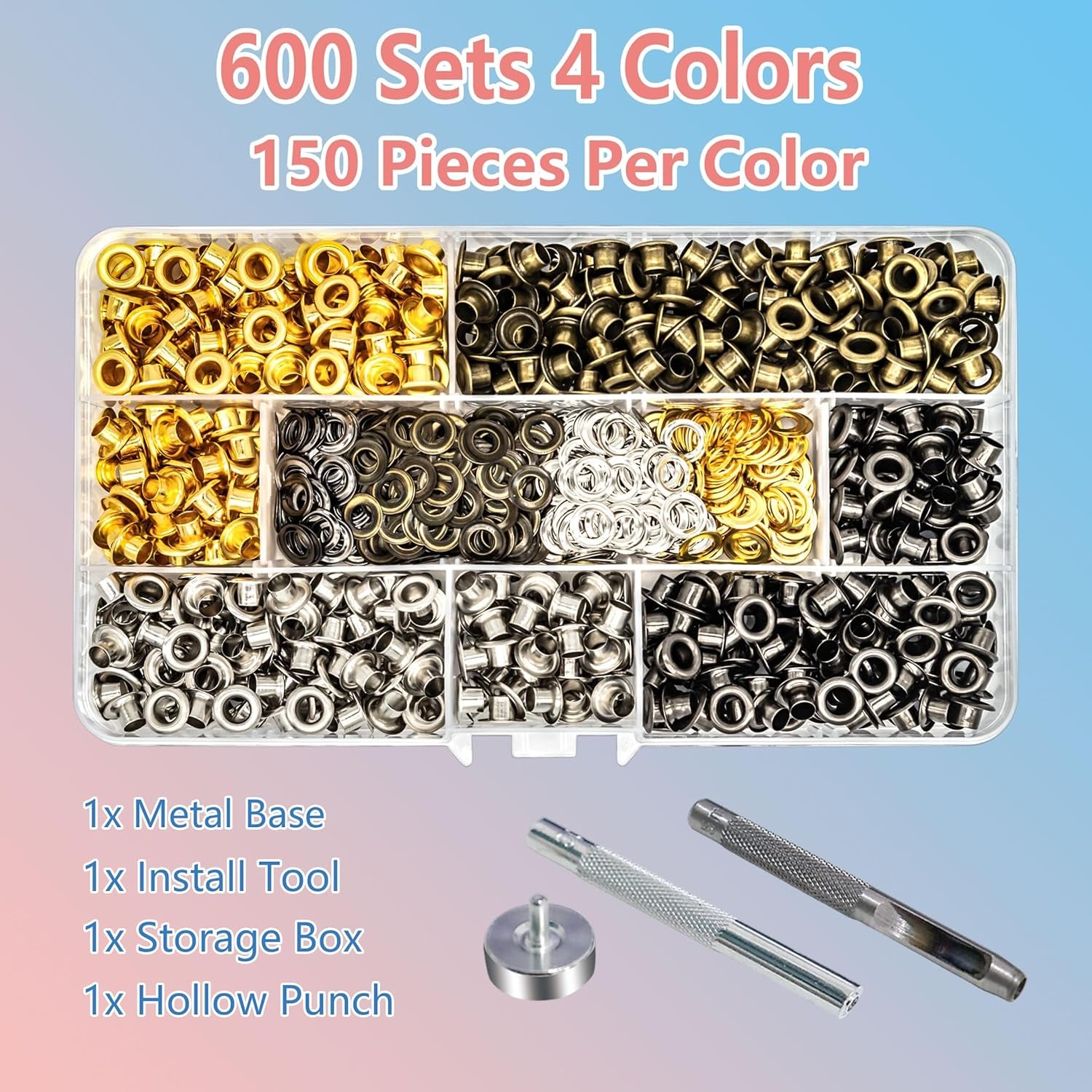 600 Pcs Metal Eyelets Metal Grommets Kit Sewing Eyelets and Grommets Shoe Eyelets with 3 Pieces Installation Tool and Storage Box for Shoes Clothes Crafts Bag DIY Project (3/16 Inch, 4 Colors)