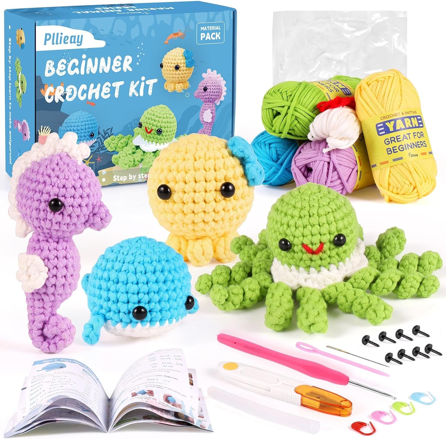 Crochet Kit for Beginners, Beginner Crochet Kit for Adults & Kids with Step-By-Step Video Tutorials, Knitting Kit, 4 Pattern Crochet Animal Kit - Whale, Jellyfish, Sea Horse and Octopus