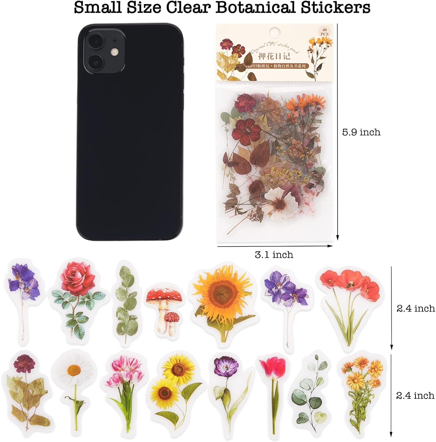Botanical Stickers Set (320 Pieces) Pressed Flower Resin Decals Transparent Daisy Tulip Eucalyptus Leaf Mushroom Journaling Sticker for Scrapbook Card Making Junk Journal Bullet Journal Planner
