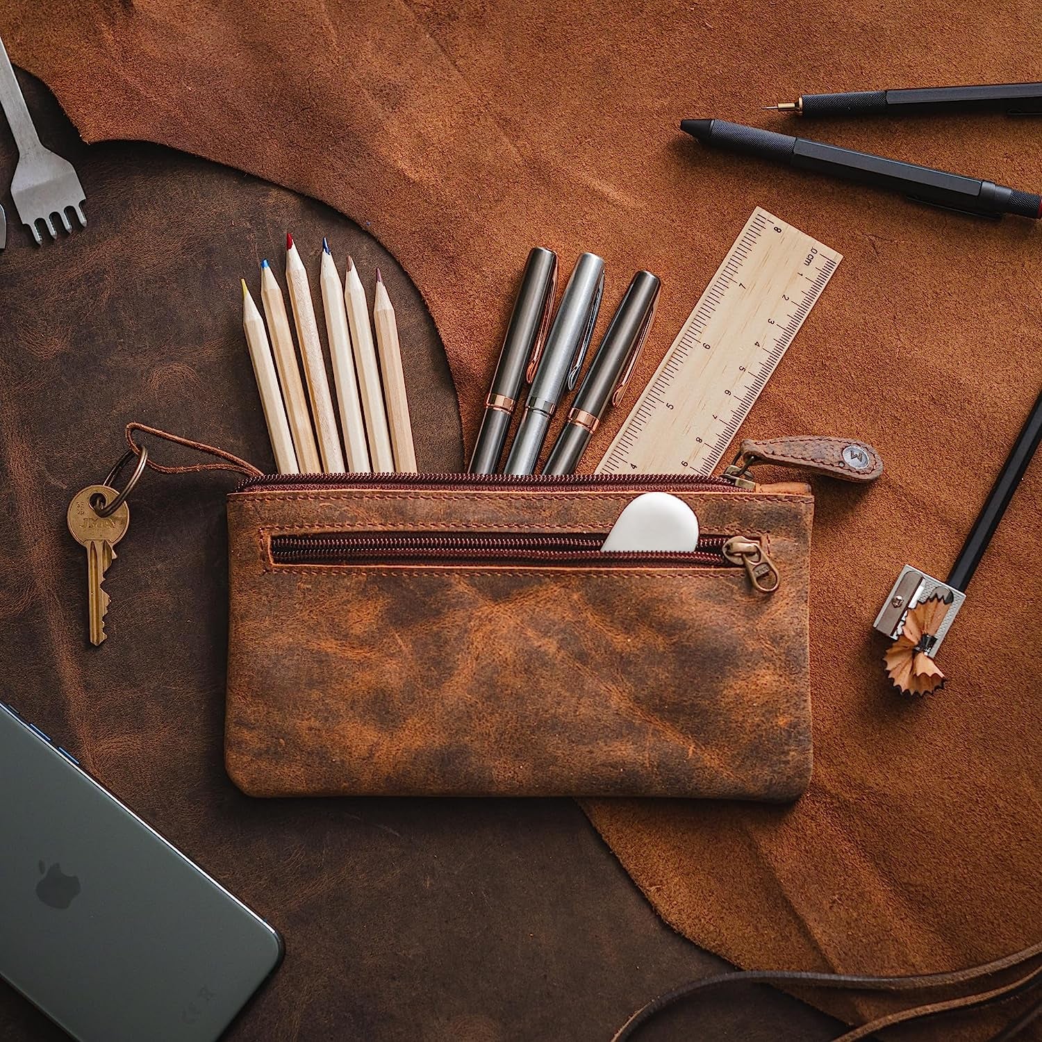 Leather Pencil Case Pouch 8" X 4" Handcrafted Leather Pen Case with Zipper - Elegant & Practical Brown Leather Pencil Pouch with Side Pouches - Pencil Pouch Leather